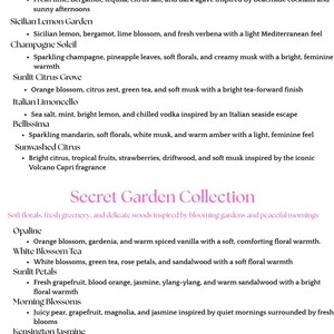 May include: A product description sheet for the "Citrus & Sunshine Collection" and "Secret Garden Collection". The text lists the scents and ingredients of various fragrances, including margarita, lemon, champagne, and jasmine.