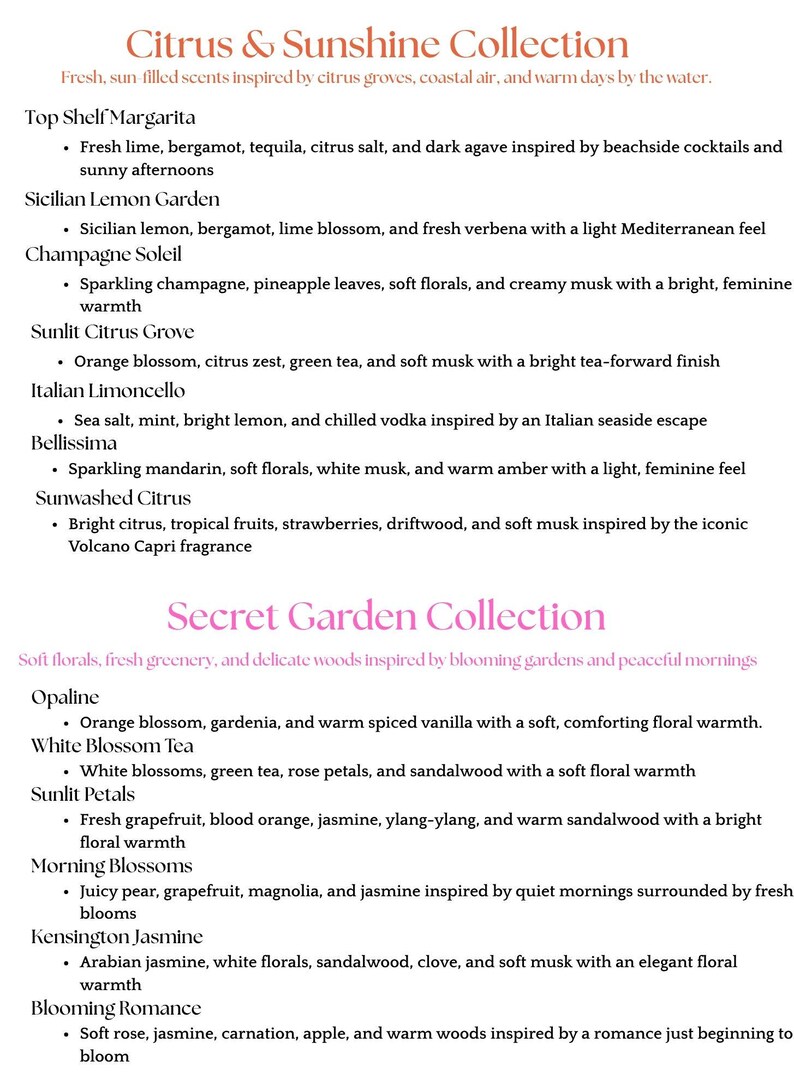 May include: A product description sheet for the "Citrus & Sunshine Collection" and "Secret Garden Collection". The text lists the scents and ingredients of various fragrances, including margarita, lemon, champagne, and jasmine.