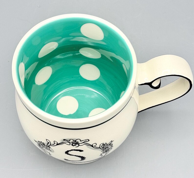 Custom Scented Soy Candle - 13oz - Katie Mandy Letter S Mug Teal Polka Dot Interior - Anthropologie - Mugs - Repurposed & Sustainable image 4