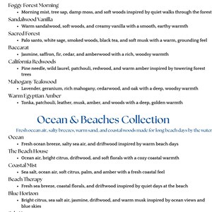 May include: A product description for the "Woods & Earth Collection" and "Ocean & Beaches Collection" featuring scent notes. The "Woods & Earth" collection includes scents like Pacific Northwest, Foggy Forest Morning, and Sandalwood Vanilla. The "Ocean & Beaches" collection includes Ocean, The Beach House, and Coastal Mist.