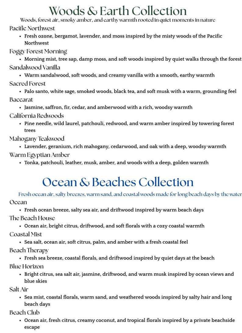 May include: A product description for the "Woods & Earth Collection" and "Ocean & Beaches Collection" featuring scent notes. The "Woods & Earth" collection includes scents like Pacific Northwest, Foggy Forest Morning, and Sandalwood Vanilla. The "Ocean & Beaches" collection includes Ocean, The Beach House, and Coastal Mist.
