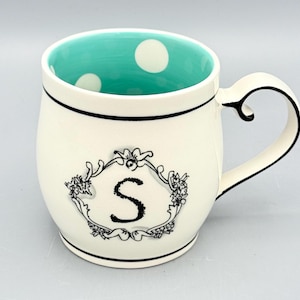 Custom Scented Soy Candle - 13oz - Katie Mandy Letter S Mug Teal Polka Dot Interior - Anthropologie - Mugs - Repurposed & Sustainable image 1