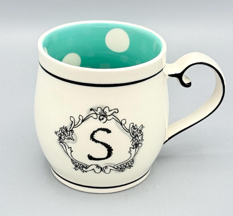 Custom Scented Soy Candle - 13oz - Katie Mandy Letter S Mug Teal Polka Dot Interior - Anthropologie - Mugs - Repurposed & Sustainable image 1
