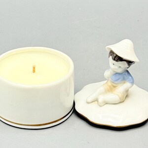 100% Soy Candle - 3oz - Sandalwood Vanilla Scented - Trinket Bowl/Little Boy On Lid - Karen Carson Creations - Repurposed, Ready Made Candle