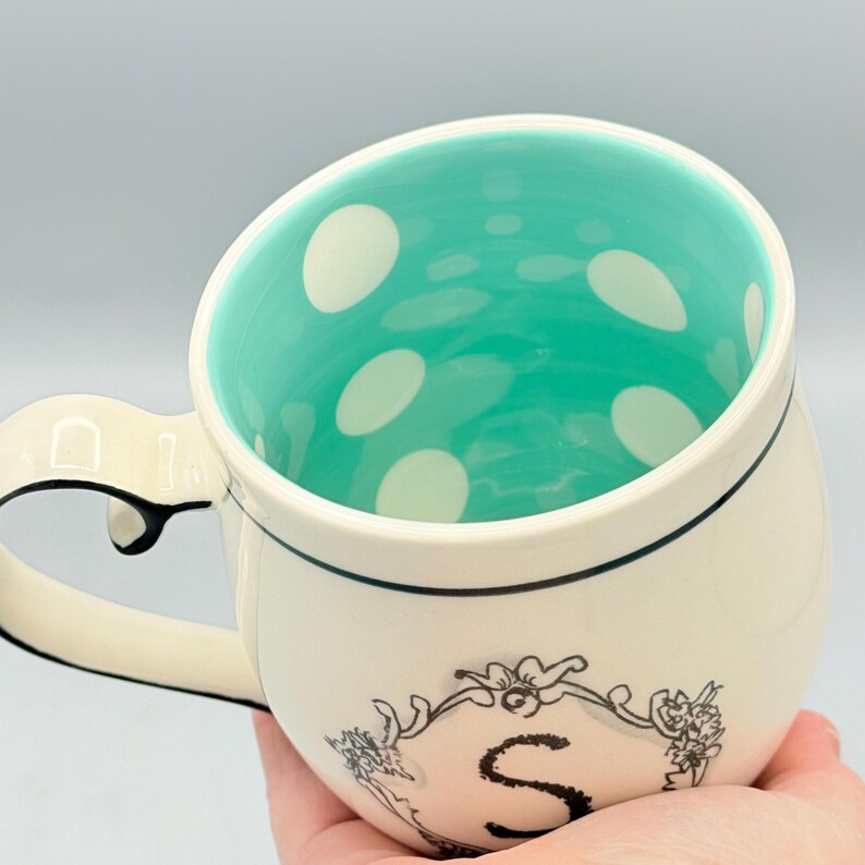 Custom Scented Soy Candle - 13oz - Katie Mandy Letter S Mug Teal Polka Dot Interior - Anthropologie - Mugs - Repurposed & Sustainable image 11