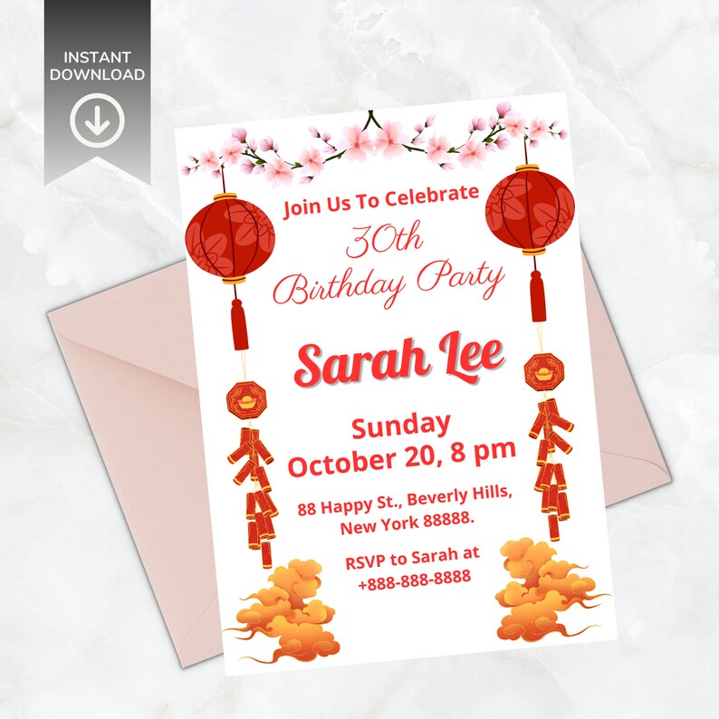 Chinese Birthday Invitation Restaurant Lanterns Blossom Tree, Chinese ...