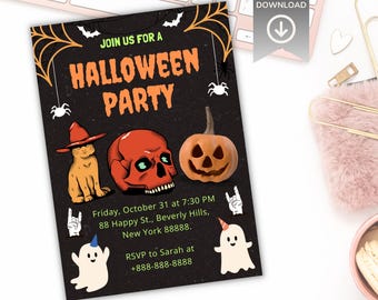 Zaproszenie na imprezę halloweenową dla dzieci Spooky Night: edytowalny szablon Canva (5x7 do pobrania w wersji cyfrowej)