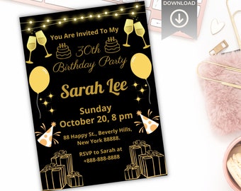 Szablon zaproszenia na 30. urodziny w kolorze czarno-złotym (do natychmiastowego pobrania)
