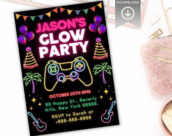 Edytowalne zaproszenie urodzinowe Neon Gaming, impreza świecąca (do pobrania cyfrowego)