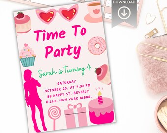 Szablon zaproszenia na przyjęcie urodzinowe z różową lalką (cyfrowy)