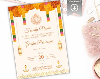 Tradycyjne zaproszenie Griha Pravesh: indyjska kartka na parapetówkę (pobranie cyfrowe, szablon Canva 5x7)