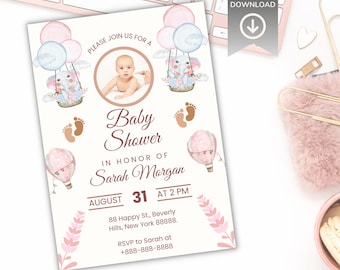 Szablon zaproszenia na baby shower z motywem słonia, neutralny pod względem płci (do natychmiastowego pobrania)