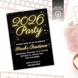 Editable New Year&#39;s Eve Party Invitation Template, New Year&#39;s Eve Invites, New Year&#39;s Party Invitation, New Year&#39;s Eve Invitation Download