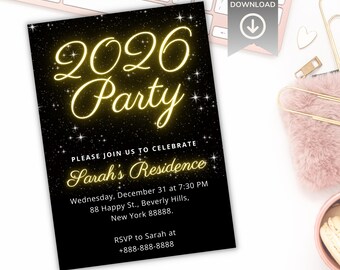 Edytowalny szablon zaproszenia na imprezę sylwestrową: projekt Canva 5x7 (do pobrania w wersji cyfrowej)