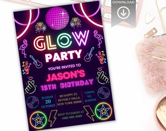 Edytowalne zaproszenie na przyjęcie urodzinowe z neonowym blaskiem, motyw dyskotekowy (do pobrania cyfrowego)