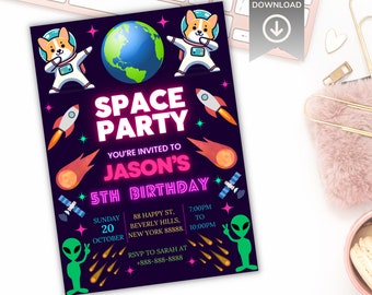 Edytowalny szablon zaproszenia urodzinowego w kosmosie, zaproszenie astronauty rakiety (do pobrania cyfrowego)