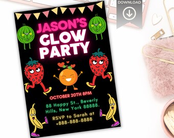 Zaproszenie urodzinowe z neonowymi owocami, edytowalny szablon Canva (pobranie cyfrowe)