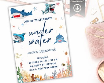 Zaproszenie urodzinowe Baby Shark: edytowalny szablon Canva (pobranie cyfrowe 5 x 7 cali)