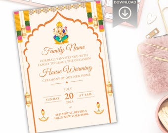 Tradycyjne zaproszenie Griha Pravesh: indyjska kartka na parapetówkę (pobranie cyfrowe, szablon Canva 5x7)