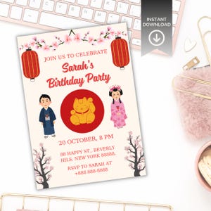 Japanese Themed Birthday Invitation, Editable Hibachi Party Invite, Japan Birthday Invite, Asian Cherry Blossoms, Printable Instant Download
