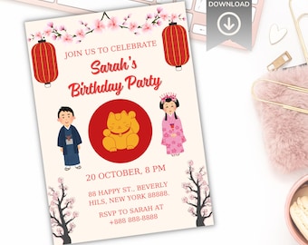 Japońskie zaproszenie urodzinowe: impreza Hibachi, kwiaty wiśni (szablon Canva do pobrania w formacie cyfrowym 5x7)