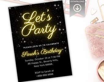 Czarno-złote zaproszenie urodzinowe z konfetti, edytowalne zaproszenie na imprezę (do pobrania cyfrowego)