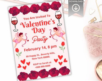 Edytowalne zaproszenie na walentynki w kształcie serca, Walentynki dla dzieci (do pobrania natychmiast)