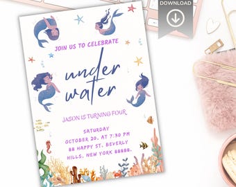 Zaproszenie urodzinowe z motywem syreny: impreza pod wodą, edytowalny szablon Canva (pobieranie cyfrowe 5 x 7 cali)