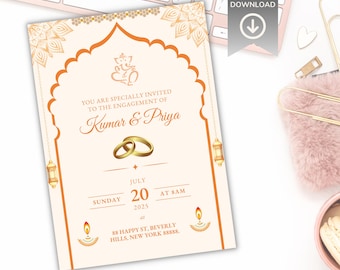 Eleganckie indyjskie zaproszenie na zaręczyny: Karta na ceremonię wręczenia obrączek (do pobrania w wersji cyfrowej, szablon Canva 5x7)