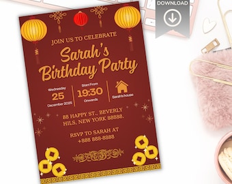 Zaproszenie na urodziny w kształcie chińskiej latarni: Żółte orientalne przyjęcie (5x7) Cyfrowy szablon Canva do pobrania