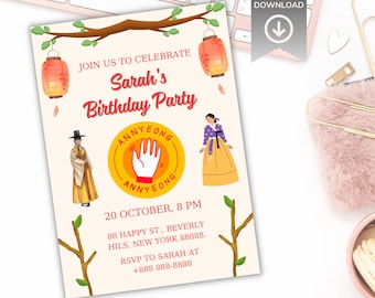 Edytowalne koreańskie zaproszenie urodzinowe: Azjatycki wzór gałęzi drzewa (szablon Canva do pobrania w formacie 5x7)