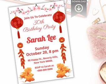 Zaproszenie urodzinowe w kształcie chińskiej latarni, kwitnące drzewo, edytowalny szablon (do natychmiastowego pobrania)