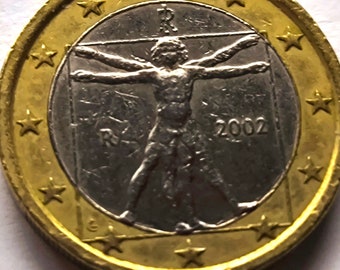 Pièce d'Italie 2002. 1 euro. L'homme de Vitruve. Bon état.