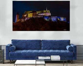 Wandbild: 60 x 40 cm auf Leinwand mit 2 cm Keilrahmen,  Die Burg Vianden bei Nacht