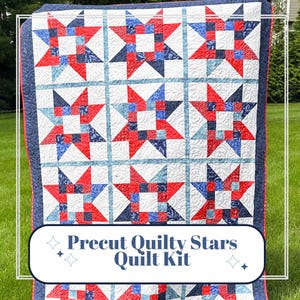 Precut Quilt Kit - Ready to Sew!  | Quilty Stars - Red White and Blue - Patriotic | Includes Printed Pattern |  56&quot; x 73&quot; Throw Quilt