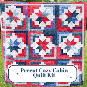 Precut Quilt Kit - Ready to Sew!  | Cozy Cabin - Red White and Blue - Patriotic | Includes Printed Pattern |  60&quot; x 60&quot; Throw Quilt
