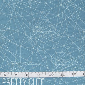May include: Blue fabric with a white geometric pattern of connected lines and dots. The fabric is measured with a ruler that reads 6 to 12 inches. The text "PRETTY CUTE QUILTS" is printed below the ruler.