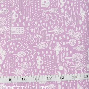 May include: Lavender fabric with a white illustrated pattern of trees, cars, houses, and dots. A measuring tape shows inches from 9 to 15. The text "PRETTY CUTE QUILTS" is at the bottom.