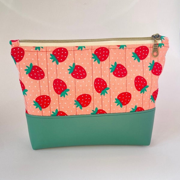 Strawberry makeup bag, cosmetic bag, zipper bag, boxy bottom bag, zipper pouch, waterproof bag, travel pouch, vinyl bag, toiletry bag