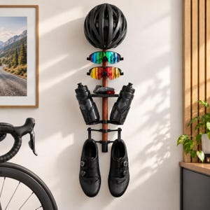 Könnte beinhalten: Ein wandmontiertes Holzregal mit einem schwarzen Fahrradhelm, zwei Paar bunten Sportbrillen, zwei schwarzen Trinkflaschen in Halterungen und einem Paar schwarzer Radschuhe mit Drehverschlüssen, die vertikal an einem Pfosten hängen.