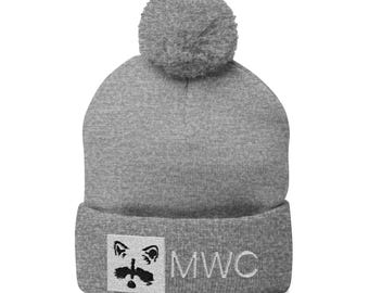 Embroidered Floral Crest Pom-Pom Beanie | Knit Cap