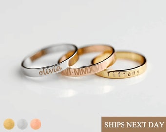 Personalized Stacking Ring Engraved Name Coordinate Promise Ring Stackable Gold Ring Mothers Jewelry Gift For Her Anniversary Valentine Gift