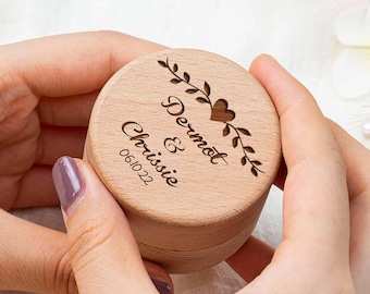 Personalized Engagement Ring Box Wedding Round Wooden Ring Box Travel Ring Bearer Box Anniversary Gifts for Her