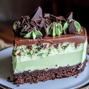 Op de afbeelding: Een stukje gelaagde cake met een topping van chocoladeganache en donkere chocoladeschilfers. De cake heeft een lichtgroene en witte vulling en staat op een chocoladebrowniebasis. De cake staat op een wit bord.