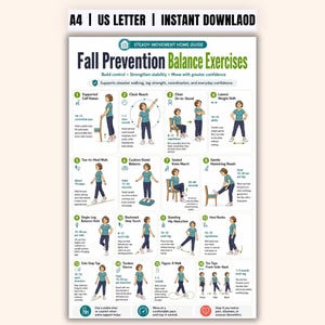 Puede incluir: Un póster informativo blanco titulado Fall Prevention Balance Exercises con el texto A4 | US LETTER | INSTANT DOWNLAOD. Presenta dieciséis ilustraciones numeradas de una persona realizando varios movimientos físicos para la estabilidad.