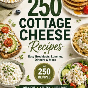 Può includere: Una copertina di un libro di cucina intitolata 250 COTTAGE CHEESE Recipes con immagini di piatti a base di fiocchi di latte, tra cui pancake con mirtilli, toast all'avocado, pasta e insalate. Il testo include Easy Breakfasts, Lunches, Dinners & More.