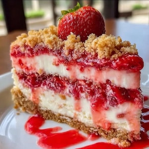 May include: A slice of strawberry cheesecake on a white plate. The dessert features layers of creamy white filling, fresh strawberries, and a crumbly topping. A whole strawberry sits atop the slice, with red sauce drizzled around the base.