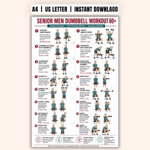 May include: A white informational poster titled SENIOR MEN DUMBBELL WORKOUT 60+ featuring sixteen numbered illustrations of exercises with dumbbells, including suitcase carry march, seated arnold press, and bicep curls, with text instructions for each.