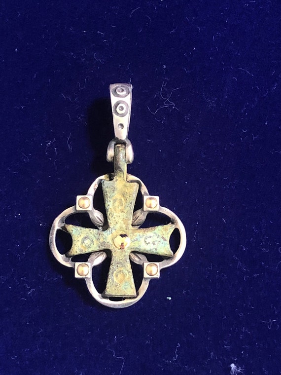 Authentic Byzantine bronze cross set in 18K gold … - image 1