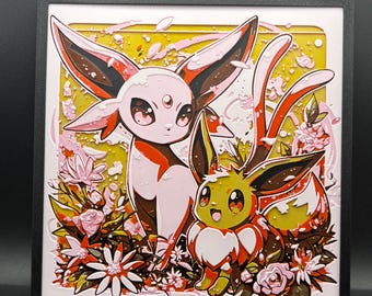 Eevee and Espeon Wall Art – 3D Printed Pokémon Decor – Eeveelution Fan Gift – Framed Gen 2 Johto Art for Gamer Room